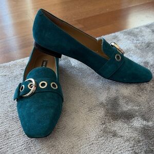 Nine West Teal Suede Loafers with Gold Buckle